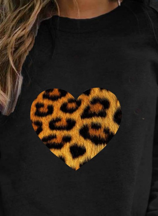 Women's Leopard Heart Print Sweatshirt Casual Solid Round Neck Long Sleeve Daily Pullovers