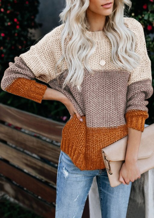 Women's Sweaters Color Block Netted Texture Pullover Sweaters