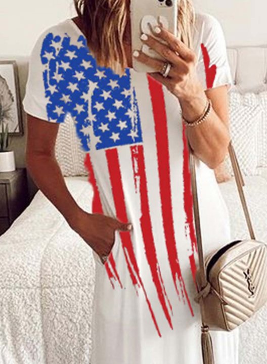 Women's Maxi Dresses Shift American Flag Short Sleeve V Neck Summer Long Dress