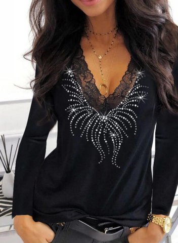 Women's T-shirts Solid Sequin Lace Long Sleeve V Neck T-shirt