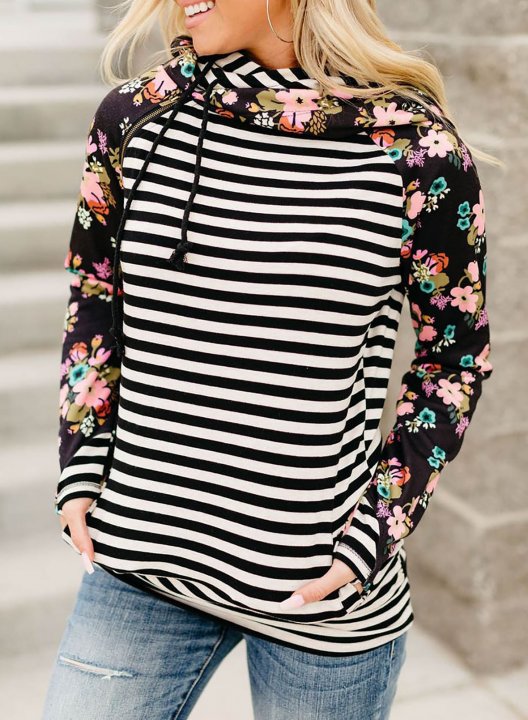 Floral-Print Paneled Striped Pocket Hoodie