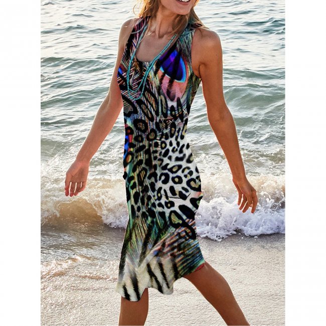 Feather Leopard Print Holiday Casual Round Neck Sleeveless Dress Vest