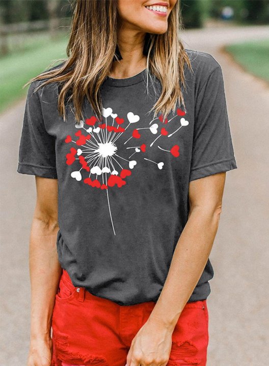 Women's Dandelion Heart Print Cute T-shirts Casual Summer Color Block Round Neck Short Sleeve Daily T-shirts