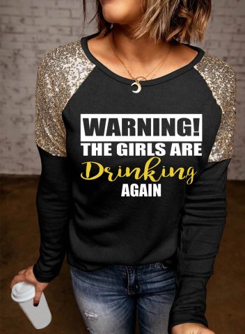 Women's Warning The Girls Are Drinking Again Sweatshirt Casual Sequin Letter Round Neck Long Sleeve Daily Pullovers