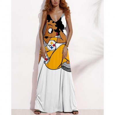 Women's Summer PITTSBURGH STEELERS Fan Print V-neck Sleeveless Loose Long A-line Dress