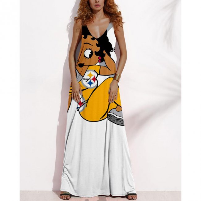 Women's Summer PITTSBURGH STEELERS Fan Print V-neck Sleeveless Loose Long A-line Dress