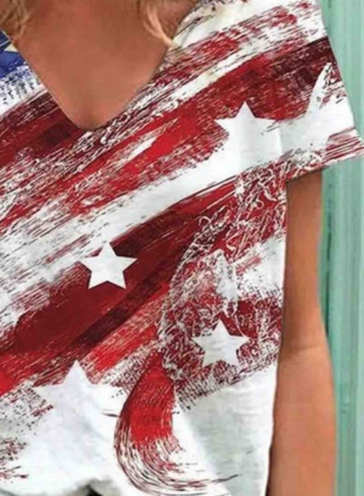 Women's American Flag T-shirts Short Sleeve V Neck Daily T-shirt