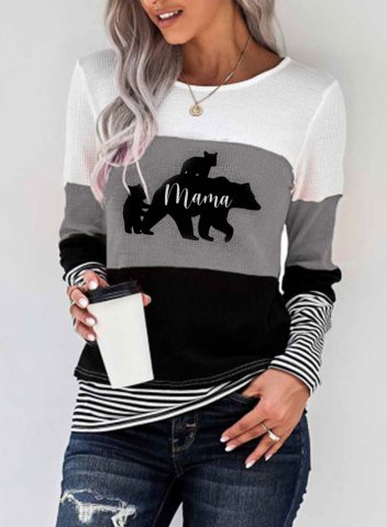 Women's Mama Bear T-shirts Color Block Bear Letter Long Sleeve Round Neck Daily T-shirt
