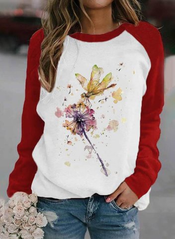 Women's Sweatshirt Casual Dandelion& Dragonfly Color Block Round Neck Long Sleeve Daily Sweatshirt