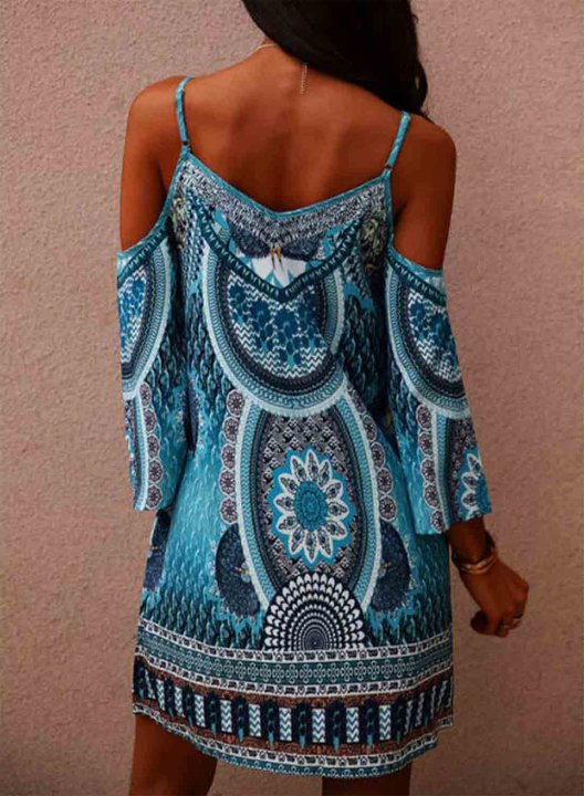 Women's Mini Dresses Tribal Cold Shoulder Spaghetti 3/4 Sleeve Shift Dress