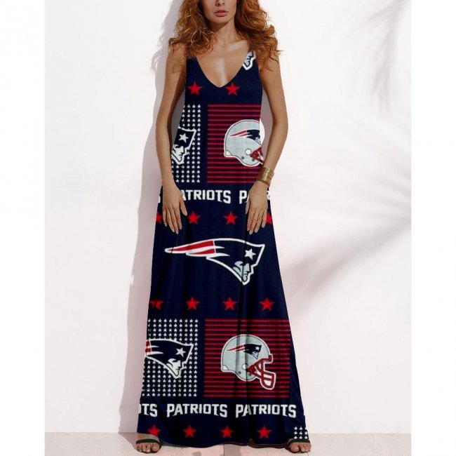 Women's Summer NEW ENGLAND PATRIOTS Fan Print V-neck Sleeveless Loose Long A-line Dress