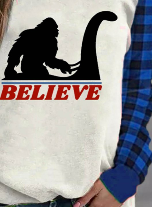 Women's T-shirts Plaid Funny Believe Bigfoot Color Block Round Neck Long Sleeve Daily Casual T-shirts