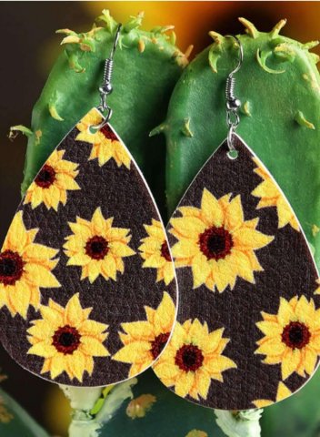 Sunflower Water Drop Shaped Leather Earrings