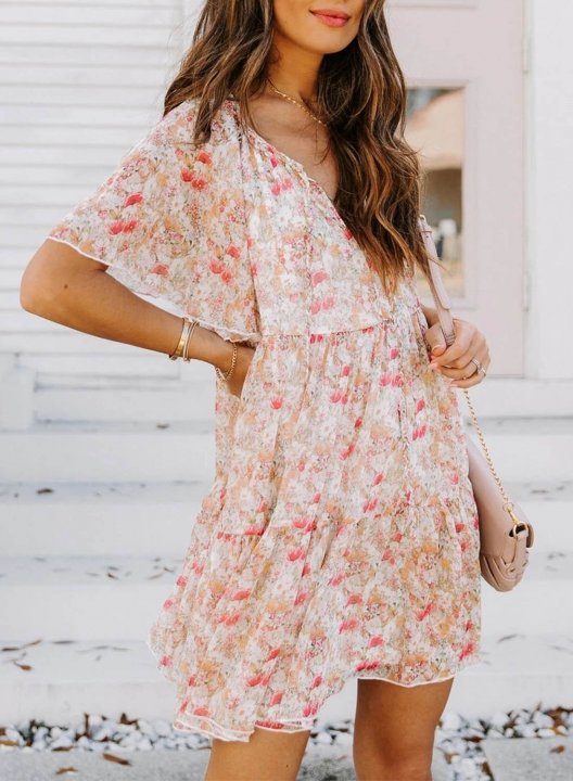 Women's Dress Floral Shift V Neck Short Sleeve Summer Vacation Date Boho Mini Dress