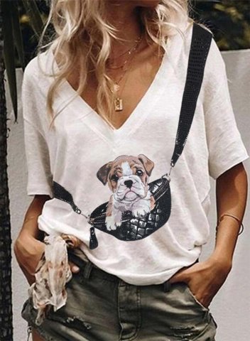 Women's T-shirts Solid Dog Print Short Sleeve V Neck Casual T-shirt