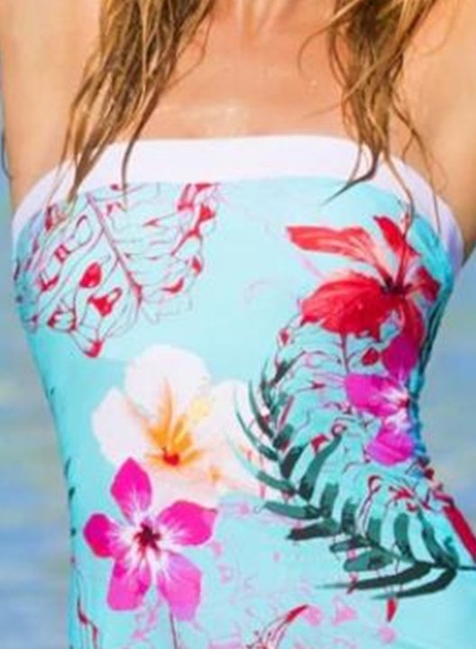 Women's Tankinis Mid Waist Floral Padded Off Shoulder Tankini Set