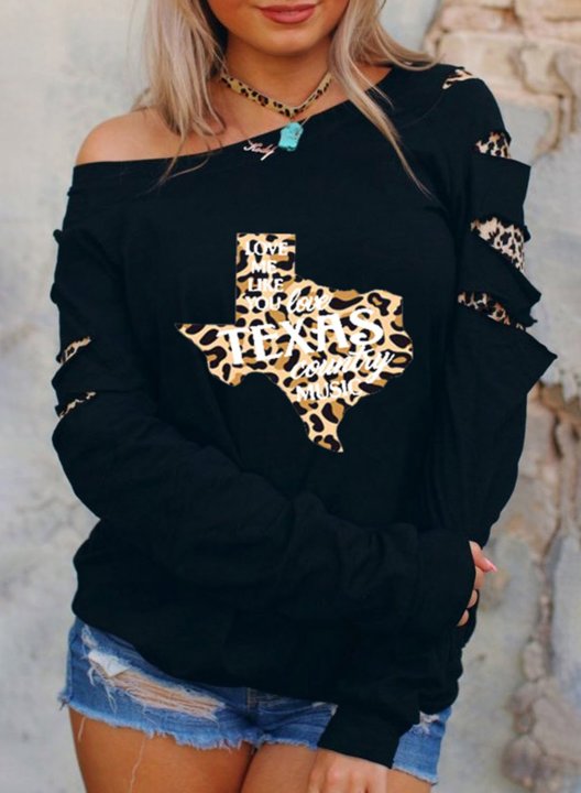 Women's Sweatshirt Leopard Long Sleeve Asymmetrical Cut-out Cold-shoulder Pullover