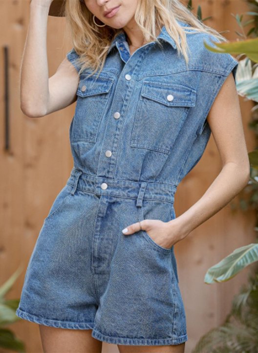 Women's Rompers Straight Solid Mid Waist Daily Casual Short Denim Rompers