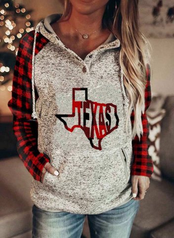 Women's Texas independence day Hoodies Plaid Letter Color-block Long Sleeve Casual Hoodie