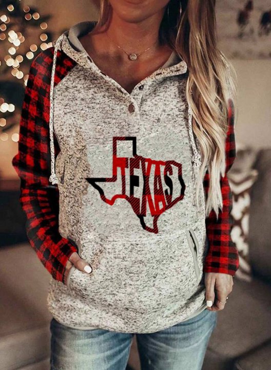 Women's Texas independence day Hoodies Plaid Letter Color-block Long Sleeve Casual Hoodie