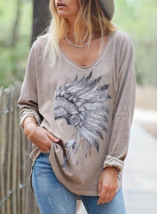 Women's T-shirts Tribal V Neck Long Sleeve Casual Daily Spring T-shirts