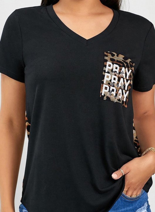 Women's T-shirts Leopard Letter Pray Print Short Sleeve V Neck Daily T-shirt