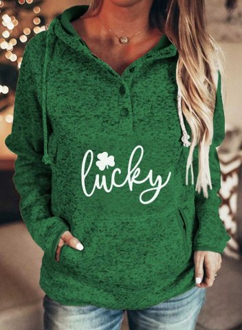 Women's St Patrick's Day Hoodie Solid Shamrock Lucky Print Long Sleeve Button Drawstring Daily Hoodie