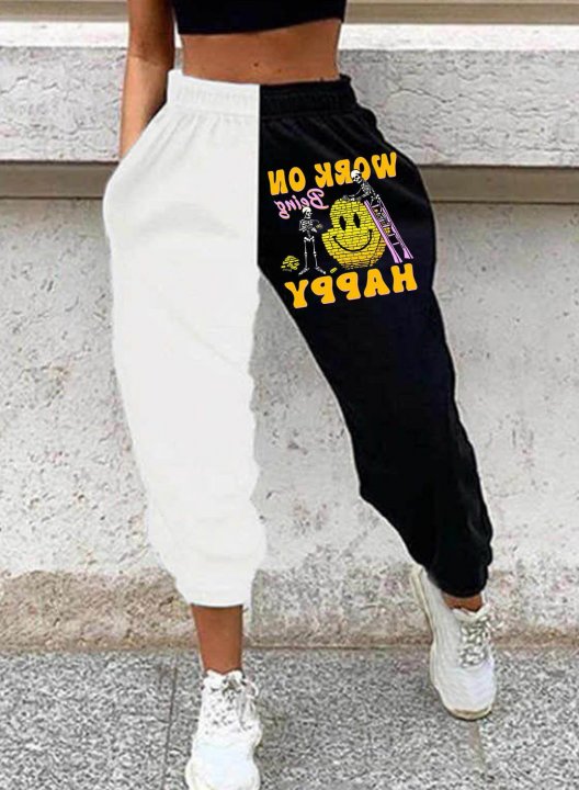 Women's Joggers Letter Color Block Straight Mid Waist Full Length Casual Joggers