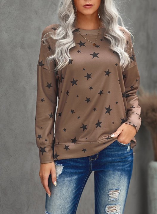 Women Star Print Long Sleeve Round Neck Tunics