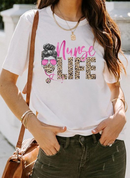 Women's T-shirts Leopard Portrait Letter Print Short Sleeve Round Neck Daily T-shirt