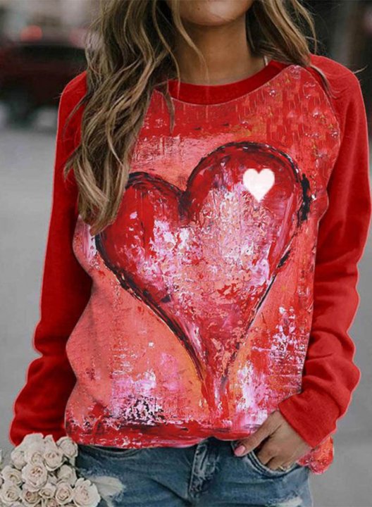 Women's Heart Sweatshirt Casual Color Block Long Sleeve Round Neck Pullovers