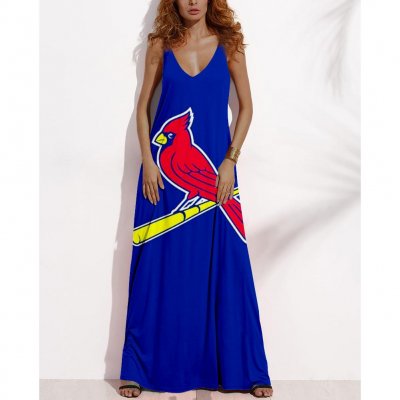 Women's Summer ST. LOUIS CARDINALS Fan Print V-neck Sleeveless Loose Long A-line Dress