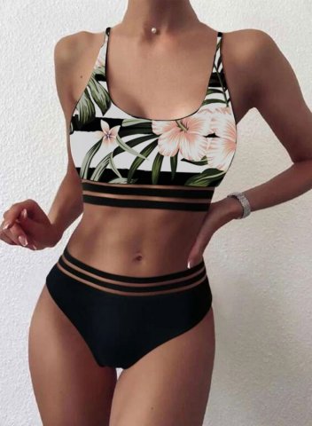 Women's Bikinis Color Block Plants Print Spaghetti Adjustable Wire-free Padded Bikini