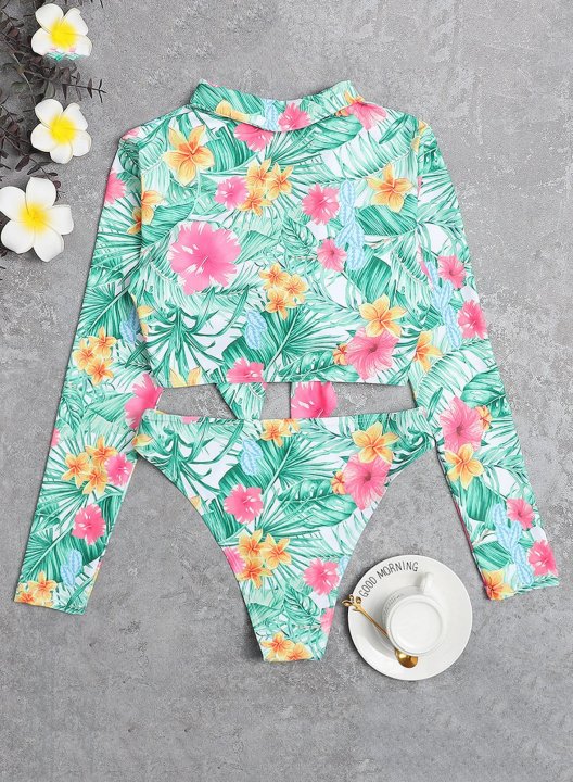 Women's Bikinis Floral Tropical Long Sleeve Turn Down Collar Vacation Beach Bikini Sets