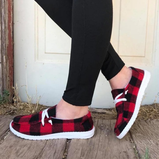 Women's Buffalo Plaid Slip Sneakers Lace Up Round Toe Flat Shoes