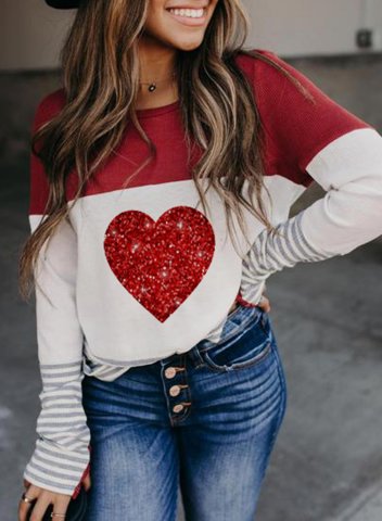 Women's Sweatshirt Color Block Sequin Heart-shaped Long Sleeve Round Neck Casual Sweatshirt