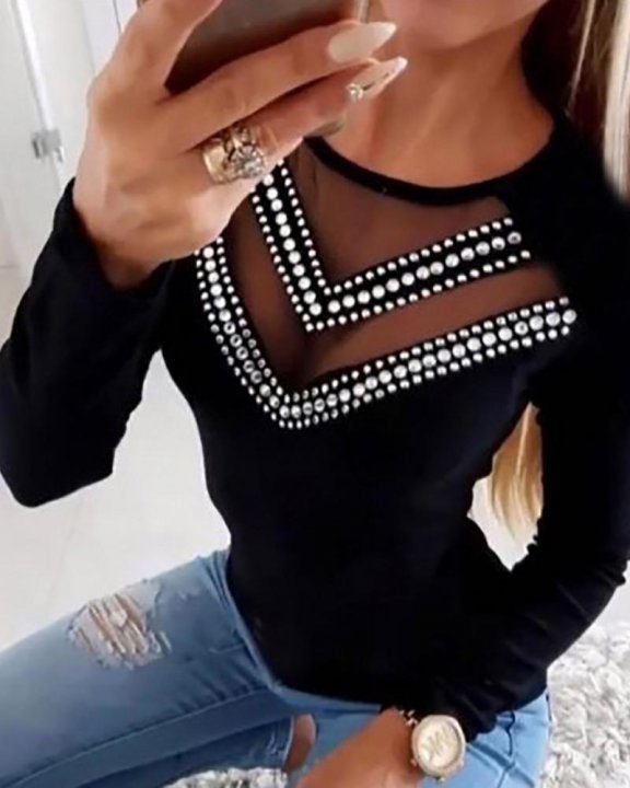 Rhinestone Sheer Mesh Long Sleeve Top