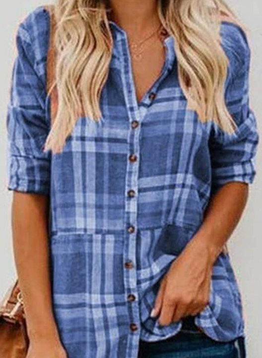 Women's Shirts Plaid Color Block Long Sleeve Turn Down Collar Casual Shirts