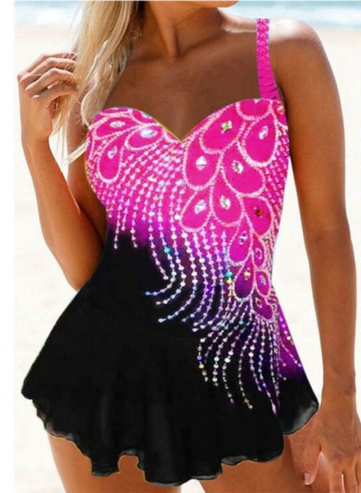 Women's Tankinis Padded Floral Mid Waist Round Neck Beach Tankini