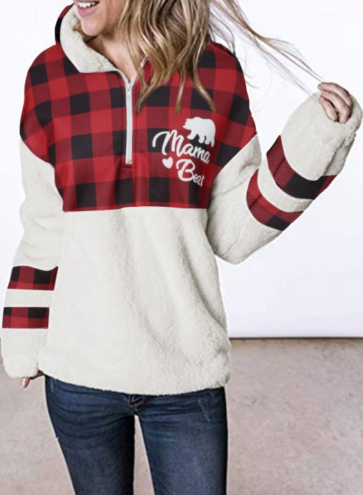 Women's Christmas Mama Bear Sweatshirts Plaid Long Sleeve Zip Stand Neck Sweatshirt