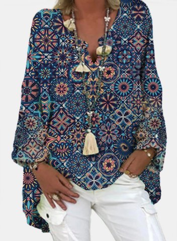 Women's Shirts Floral Tribal Turn Down Collar Long Sleeve Vintage Casual Retro Style Tunics