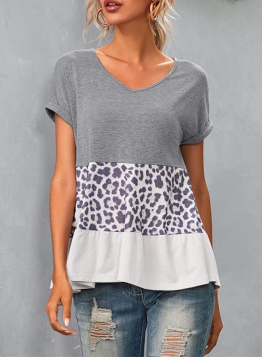 Women's T-shirts Letter Leopard Color Block V Neck Short Sleeve Casual Daily Ruffle T-shirts