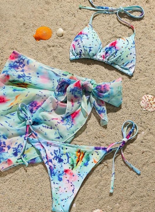 Women's Bikinis Color Block Sleeveless Halter Wire-free Beach Vacation 3-Piece Bikini Set