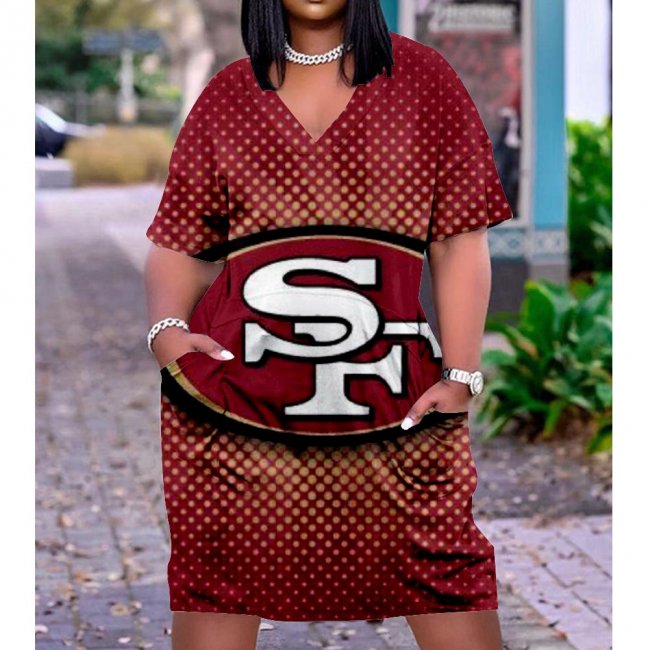 Women's San Francisco 49ers Team Fan Print Pocket Short-sleeved V-Neck Casual Knitted Cotton Dress