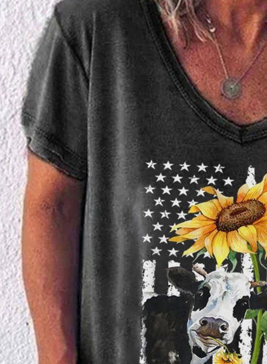 Women's T-shirts Sunflower American Flag Print Short Sleeve V Neck Casual Daily T-shirts