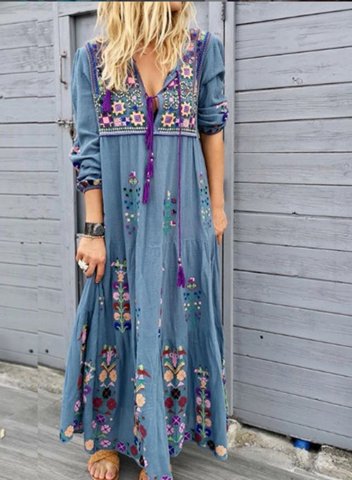 Women's Maxi Dresses Floral Multicolor Long Sleeve V Neck Boho Maxi Dress