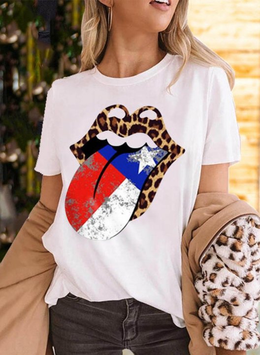 Women's T-shirts Color Block Leopard Flag Lips Print Round Neck Short Sleeve Daily Casual T-shirts