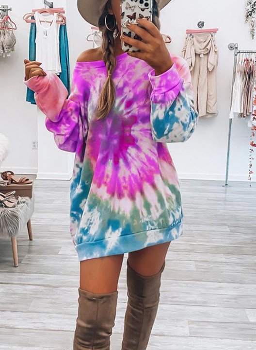 Women's Multicolor Tie dye Sweatshirt Long Sleeve Cold-shoulder Daily Tunic Pullover