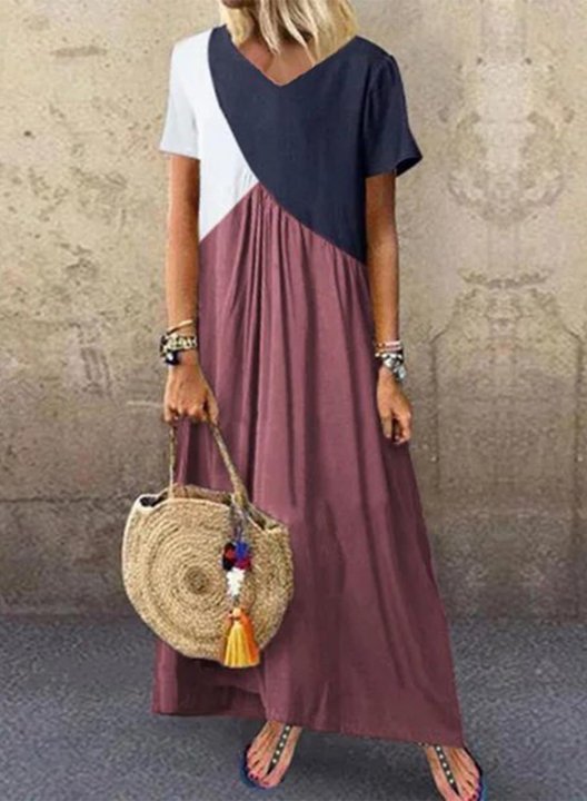 Women's Maxi Dresses Color Block Short Sleeve A-line V Neck Casual Daily Maxi Dress