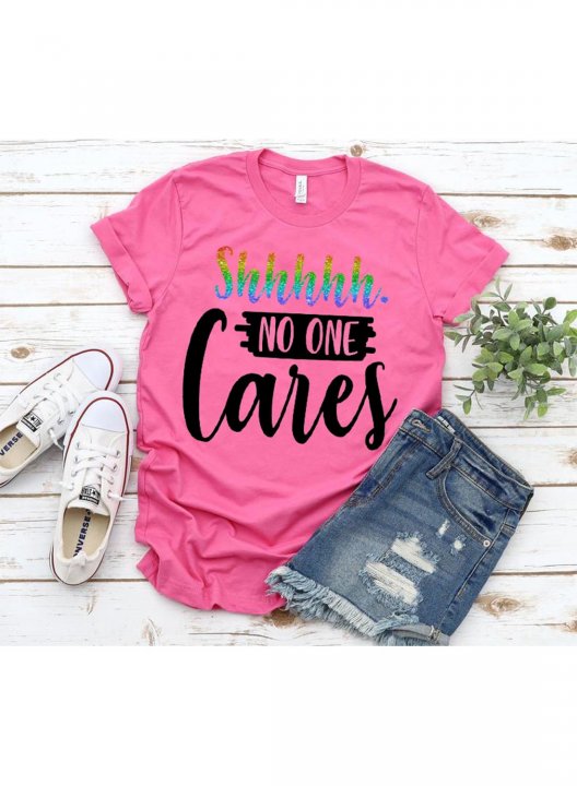 Women's Funny T-shirt - Shhh No One Cares Casual Letter Solid Round Neck Short Sleeve Daily T-shirts